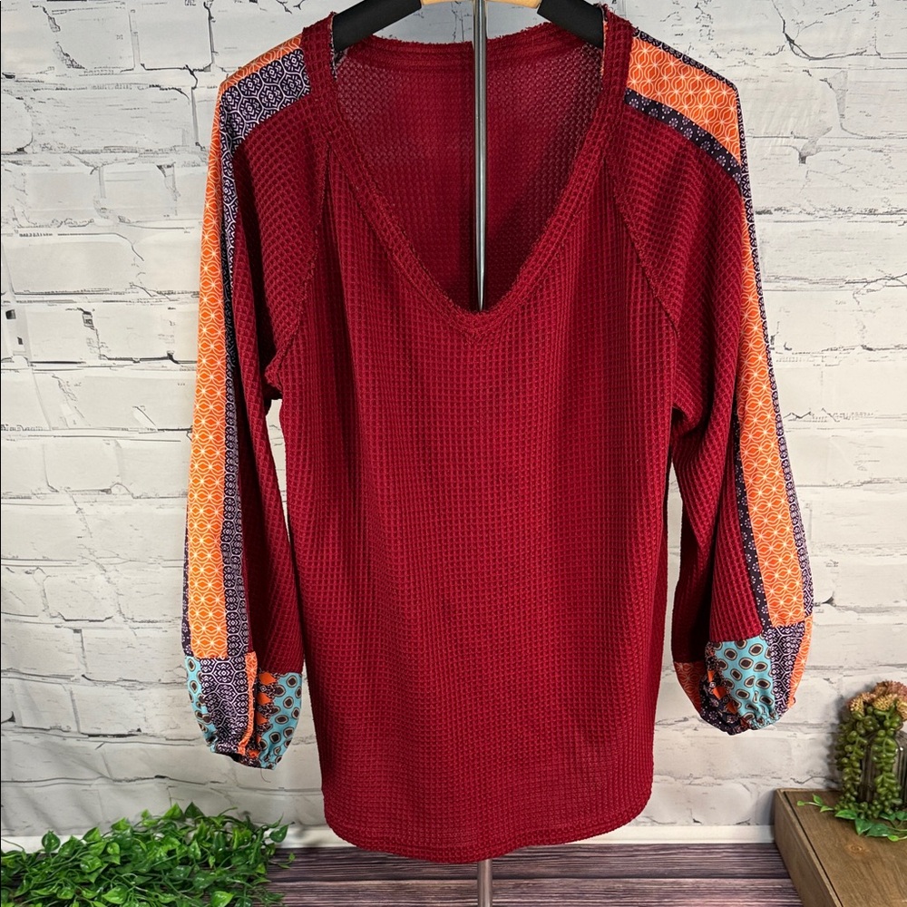 Women's Red Waffle Knit Boho Sleeve V-Neck Pullover Top‎